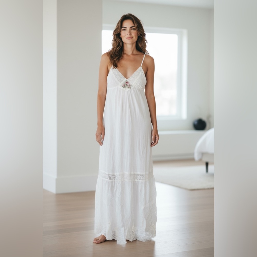 Johnny Was White Silk Embroidered Maxi Slip Dress Boho Bridal Wedding Vacation